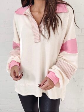Bucket List Cream and Pink Collared Pullover Sweatshirt